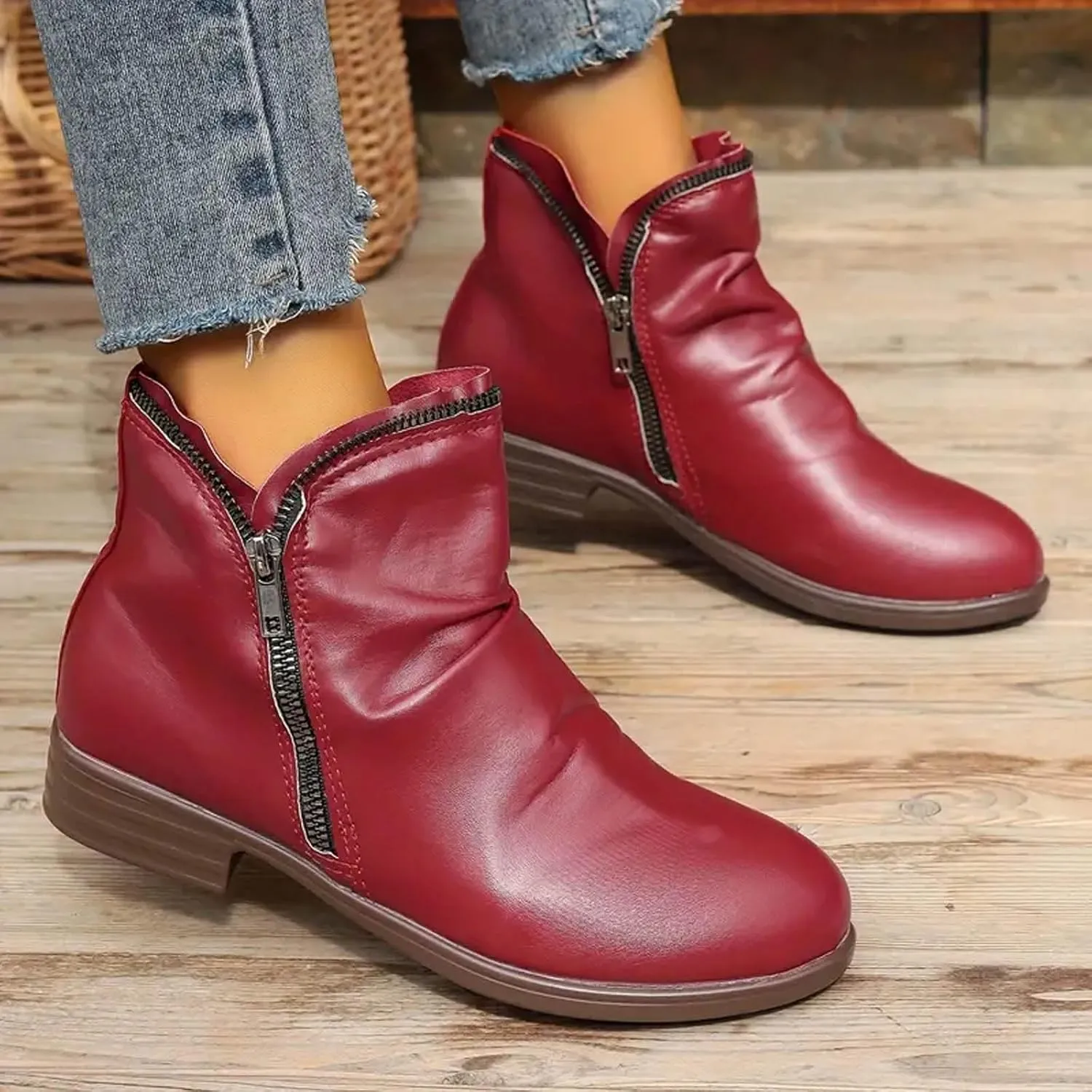 2024 Ankle Boots for Women Vintage Casual Side Zipper Booties Arch Support Low Heel Boots Womens Solid Fashion Walking Boots