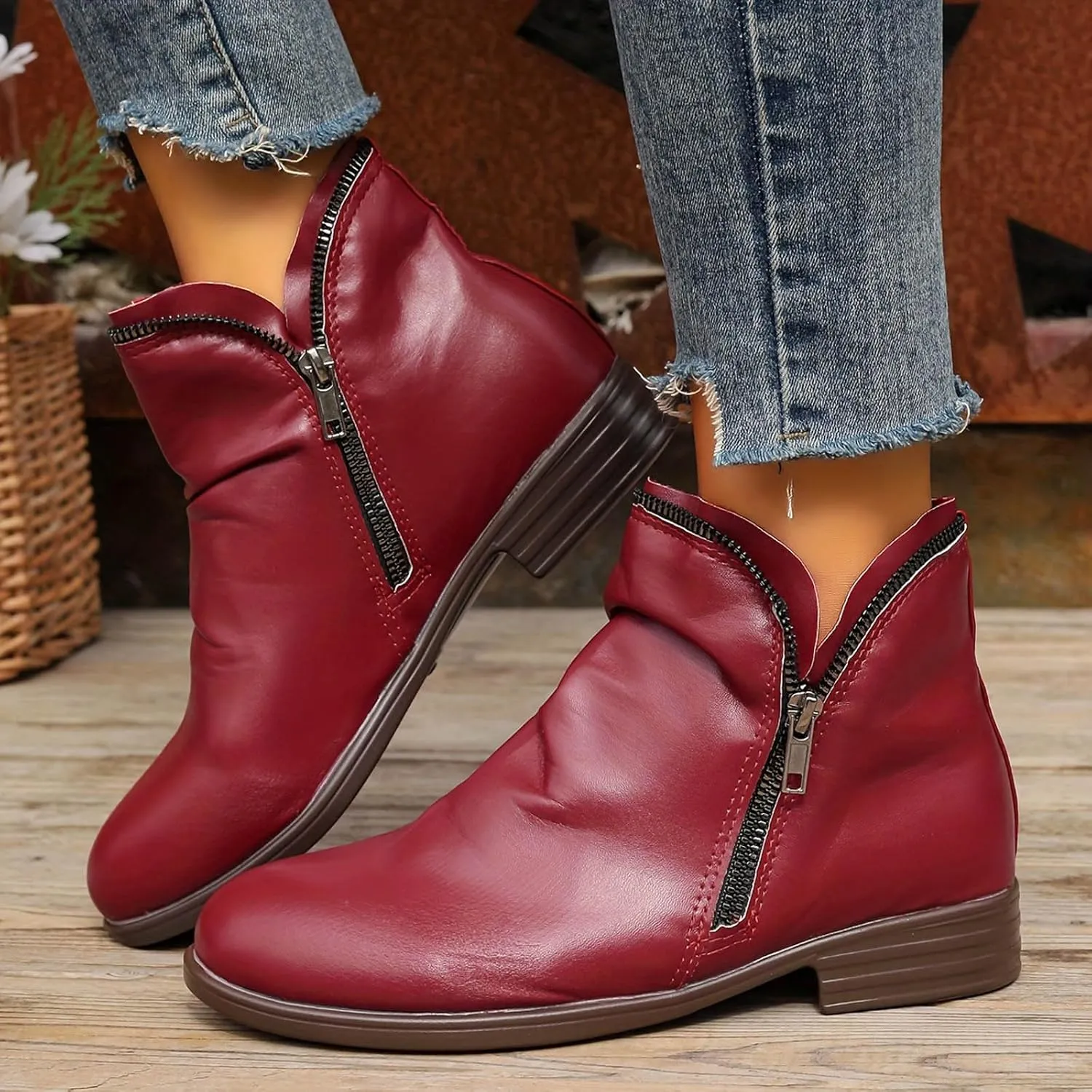 2024 Ankle Boots for Women Vintage Casual Side Zipper Booties Arch Support Low Heel Boots Womens Solid Fashion Walking Boots