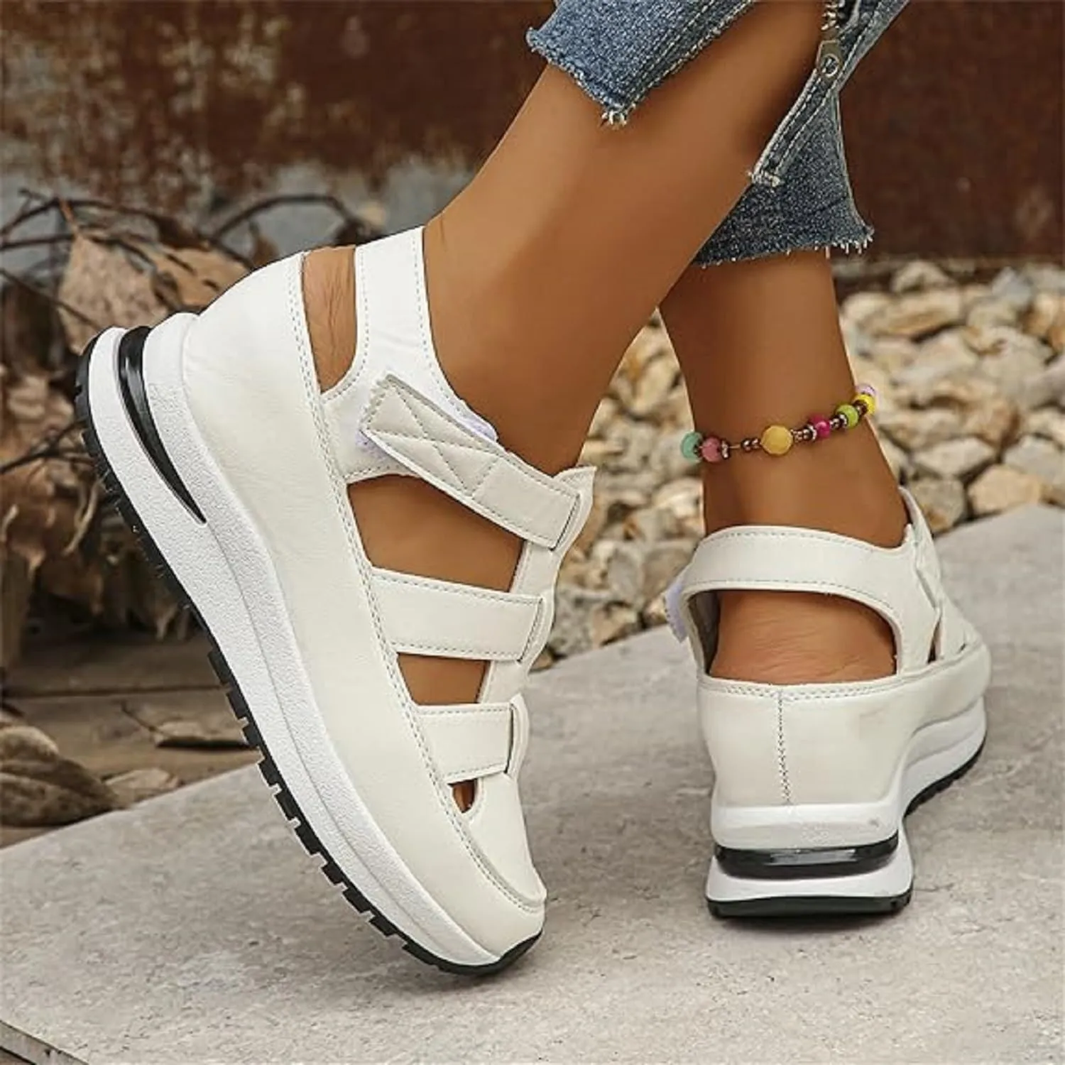2024 New Women's Hollow Out Breathable Platform Wedge Sandals Sneakers Leather Closed Toe Comfortable Casual Stylish Sandals Casual Stylish Roman Sandals