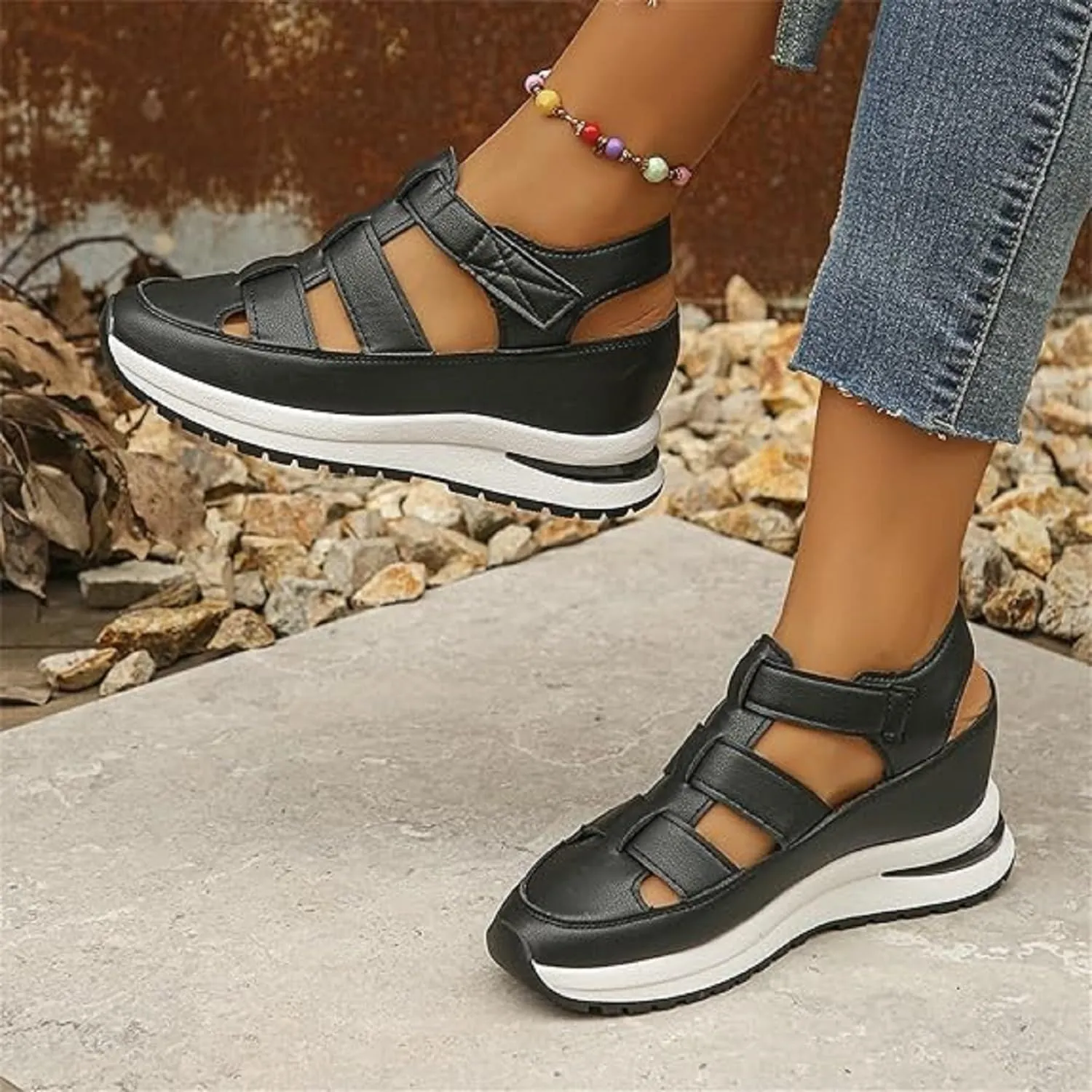2024 New Women's Hollow Out Breathable Platform Wedge Sandals Sneakers Leather Closed Toe Comfortable Casual Stylish Sandals Casual Stylish Roman Sandals