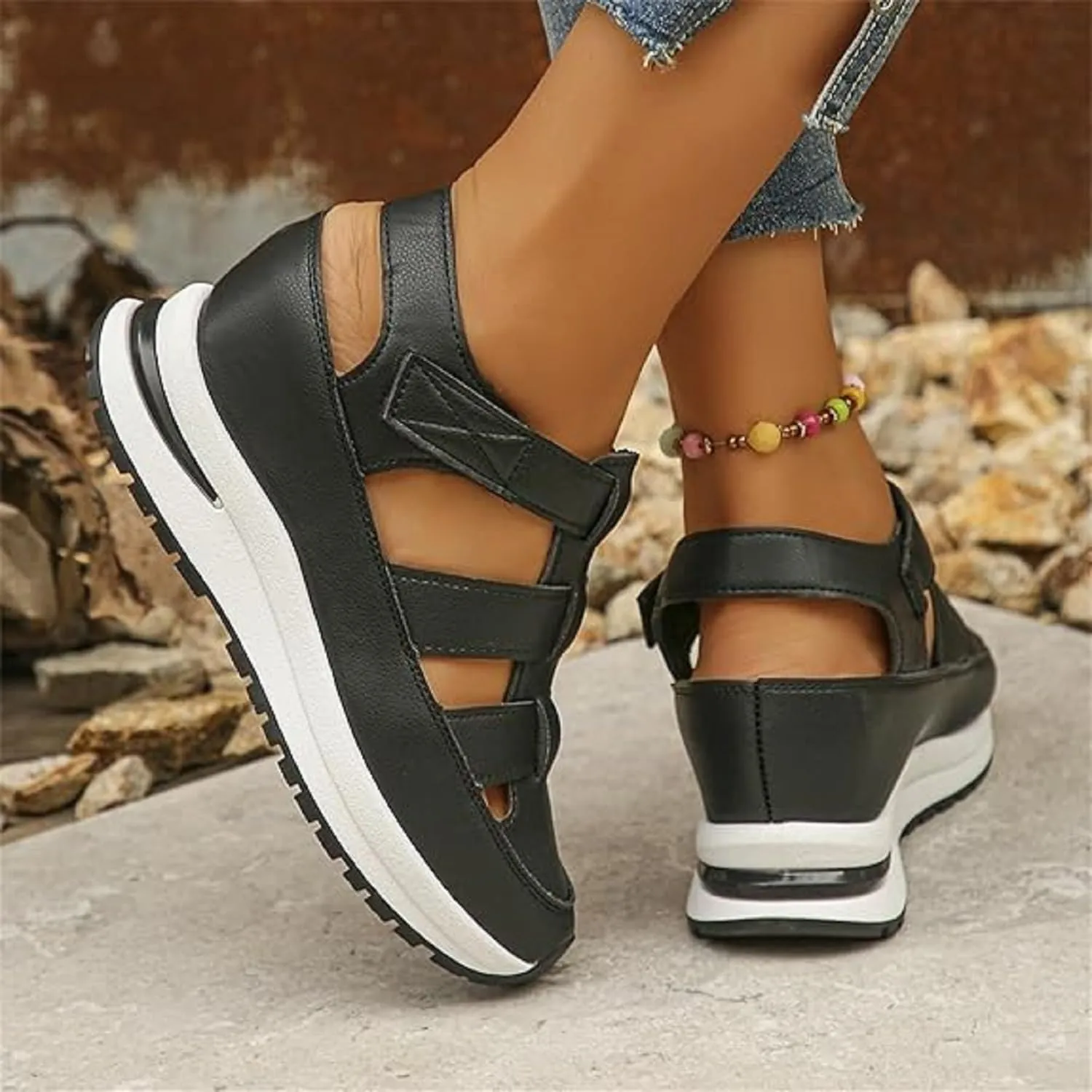 2024 New Women's Hollow Out Breathable Platform Wedge Sandals Sneakers Leather Closed Toe Comfortable Casual Stylish Sandals Casual Stylish Roman Sandals