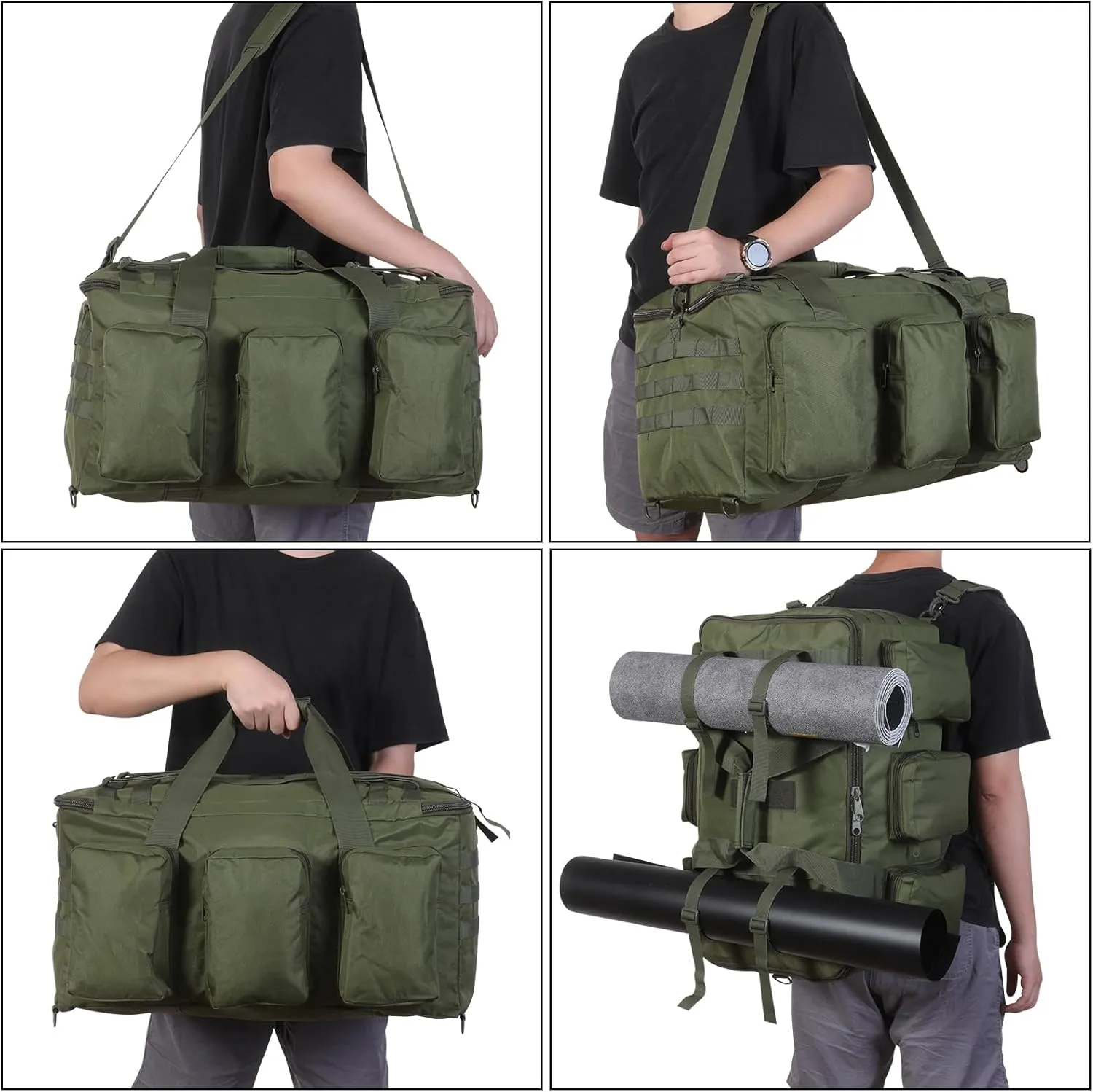 55L Tactical Military Duffle Bag with Compartments and Straps for Men, Large Size Sports Gym Duffel Bag for Weekender Travel Camping (Green)