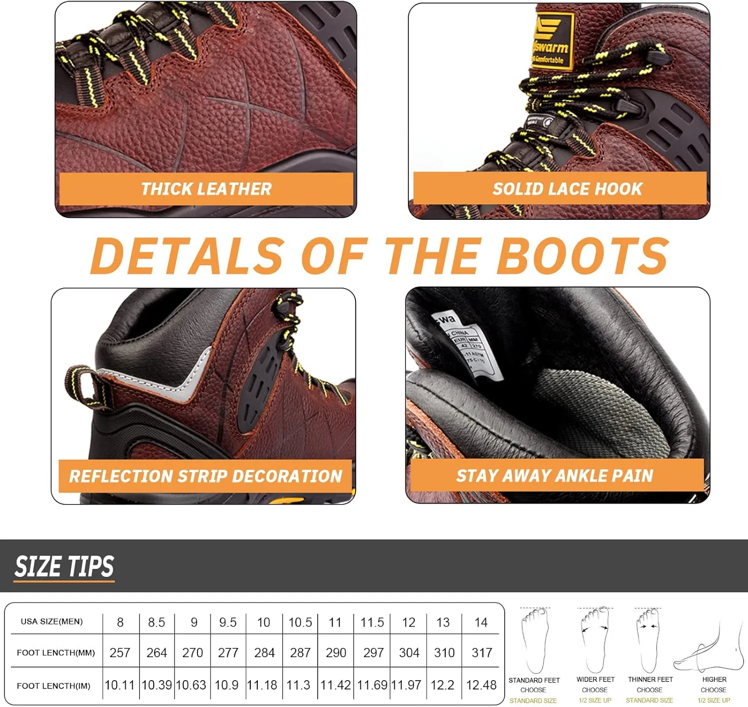 6" Steel Toe Work Boots for Men Waterproof Durable Crazy-Horse Non Slip Industrial and Construction Safety Footwear Mens Work Boots