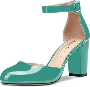 Aachcol Women Ankle Strap Pumps Round Toe Chunky Block High Heel Office Dress Shoes 3 Inches