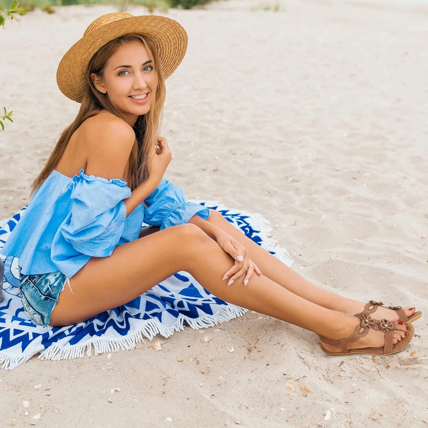 Ablanczoom Sandals for Women Summer Flats: Fashion Floral Open Toe Dressy Flats Shoes Womens Casual Slip On Beach Sandal Footwear