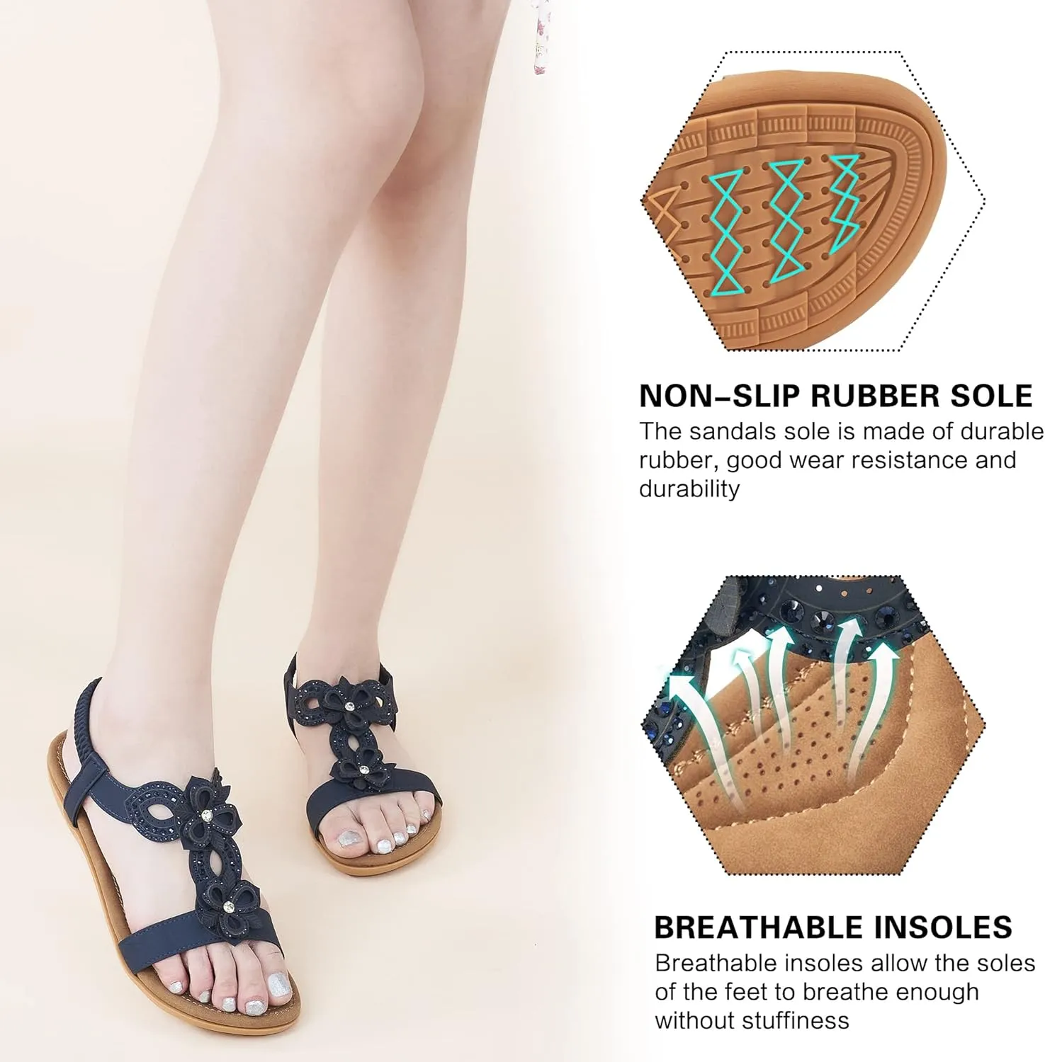 Ablanczoom Sandals for Women Summer Flats: Fashion Floral Open Toe Dressy Flats Shoes Womens Casual Slip On Beach Sandal Footwear