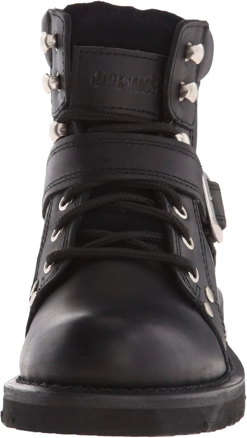 Ad Tec Women's 6 in Lace Up Heels Side Zipper Grain Leather Motorcycle Boots, Black - Soft Toe, Belt Buckle Closer, Oil Resistant Outsole