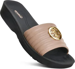 AEROTHOTIC Womens Slides Slip On Recovery Footwear Plantar Fasciitis Slides for Women with Arch Support Yoga Mat Indoor Outdoor Walking Ladies Soft Padded Dressy Non Slip Foodbed Beach Sandals Women
