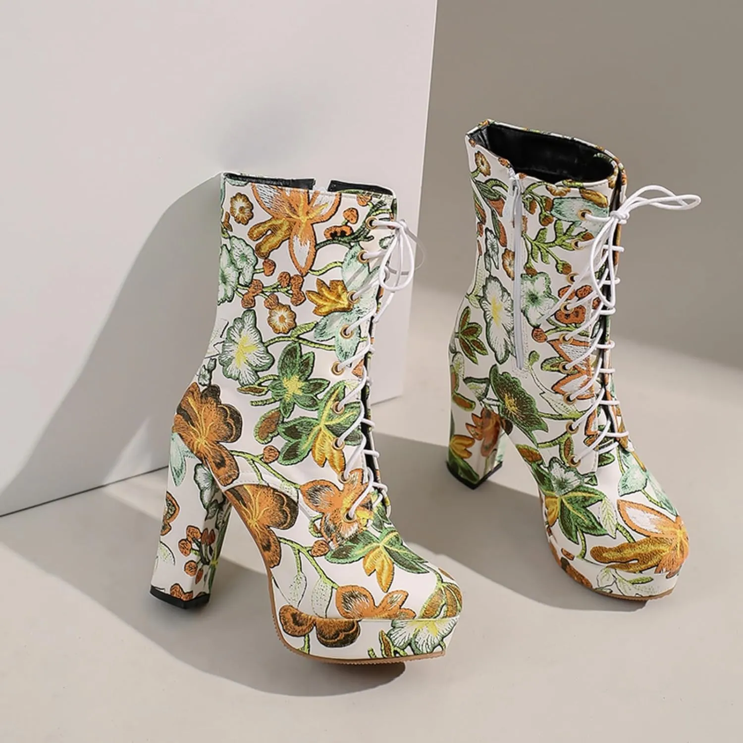 Aflngle Women's Flower Printed Chunky Heels Ankle Boots Round Toe Embroidery Lace Up Platform Side Zipper Mid Calf Boots