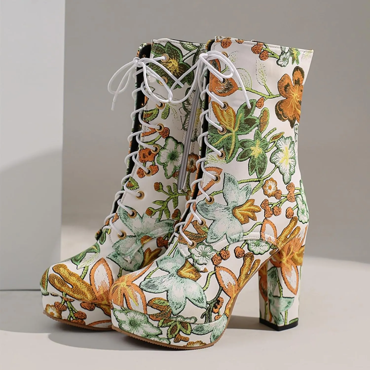 Aflngle Women's Flower Printed Chunky Heels Ankle Boots Round Toe Embroidery Lace Up Platform Side Zipper Mid Calf Boots