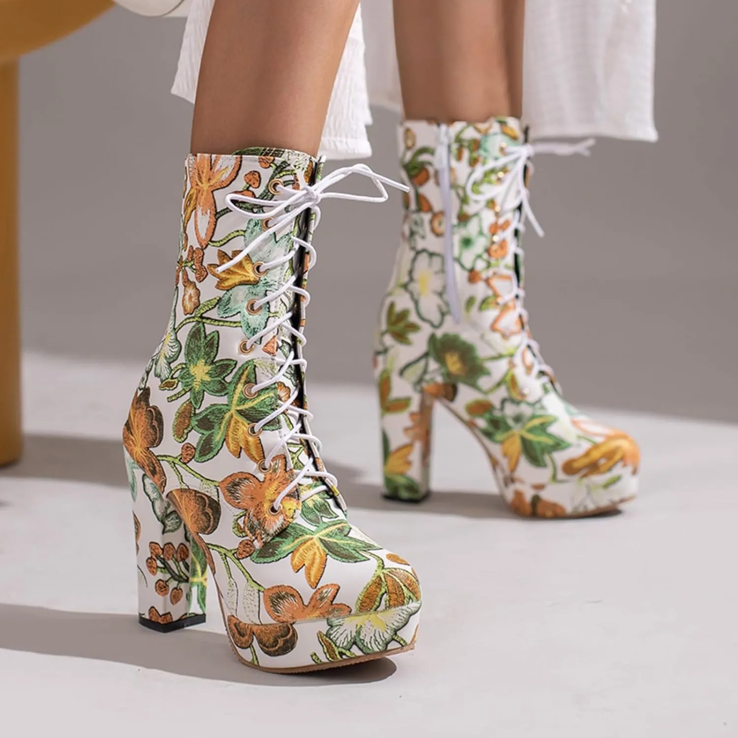 Aflngle Women's Flower Printed Chunky Heels Ankle Boots Round Toe Embroidery Lace Up Platform Side Zipper Mid Calf Boots