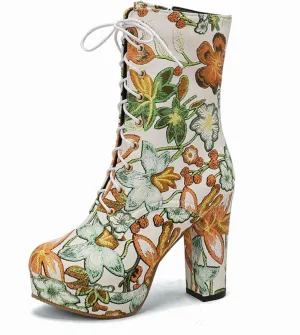 Aflngle Women's Flower Printed Chunky Heels Ankle Boots Round Toe Embroidery Lace Up Platform Side Zipper Mid Calf Boots