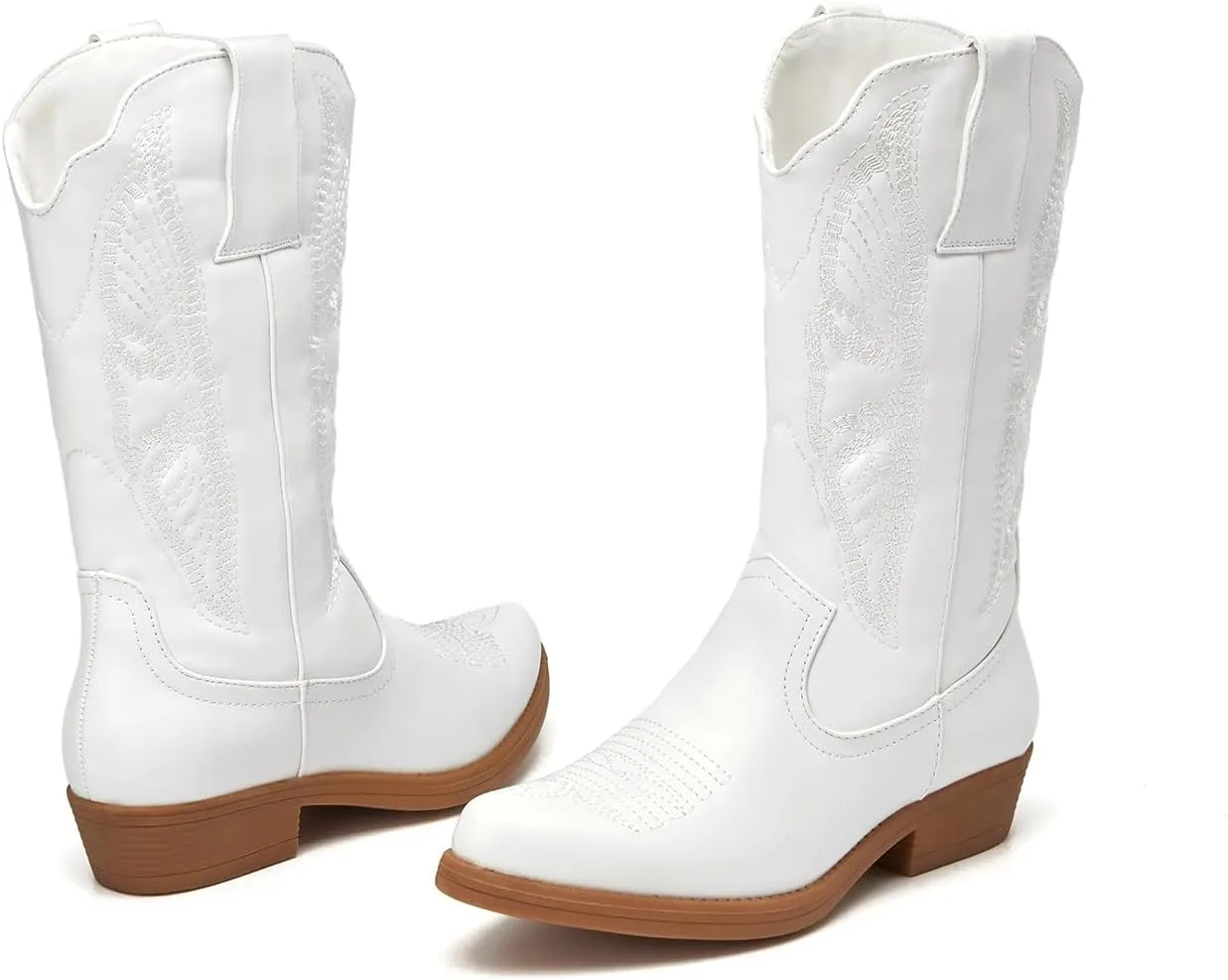ALLOT Women's Embroidered Western Cowboy Boots Pull-On Tabs Pointed Toe Block Heel Mid Calf Cowgirl Boots