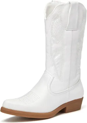 ALLOT Women's Embroidered Western Cowboy Boots Pull-On Tabs Pointed Toe Block Heel Mid Calf Cowgirl Boots