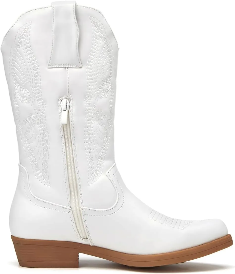 ALLOT Women's Embroidered Western Cowboy Boots Pull-On Tabs Pointed Toe Block Heel Mid Calf Cowgirl Boots