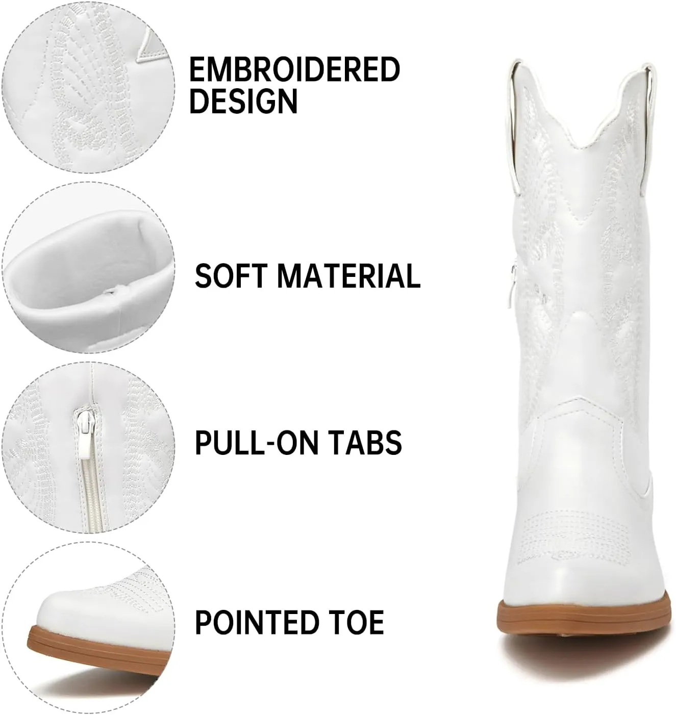 ALLOT Women's Embroidered Western Cowboy Boots Pull-On Tabs Pointed Toe Block Heel Mid Calf Cowgirl Boots