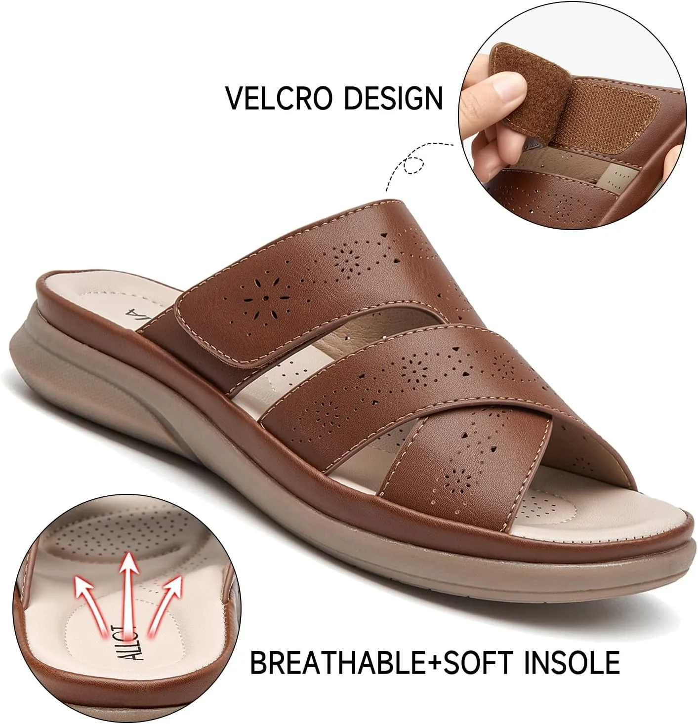 ALLOT Women's Slide Sandals Slip On Open Toe Dressy Summer Flat Sandals Arch Support Adjustable Straps Comfortable Beach Walking Shoes