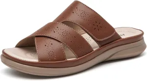 ALLOT Women's Slide Sandals Slip On Open Toe Dressy Summer Flat Sandals Arch Support Adjustable Straps Comfortable Beach Walking Shoes