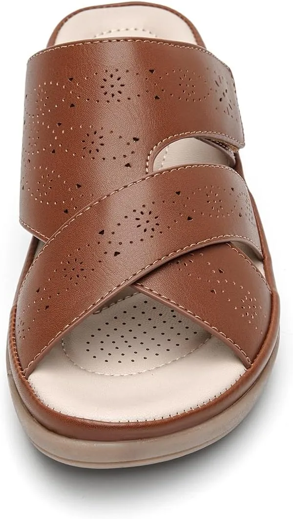 ALLOT Women's Slide Sandals Slip On Open Toe Dressy Summer Flat Sandals Arch Support Adjustable Straps Comfortable Beach Walking Shoes