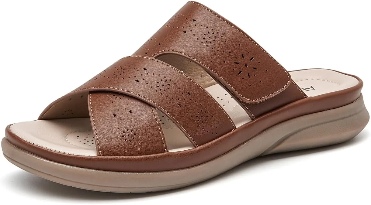 ALLOT Women's Slide Sandals Slip On Open Toe Dressy Summer Flat Sandals Arch Support Adjustable Straps Comfortable Beach Walking Shoes
