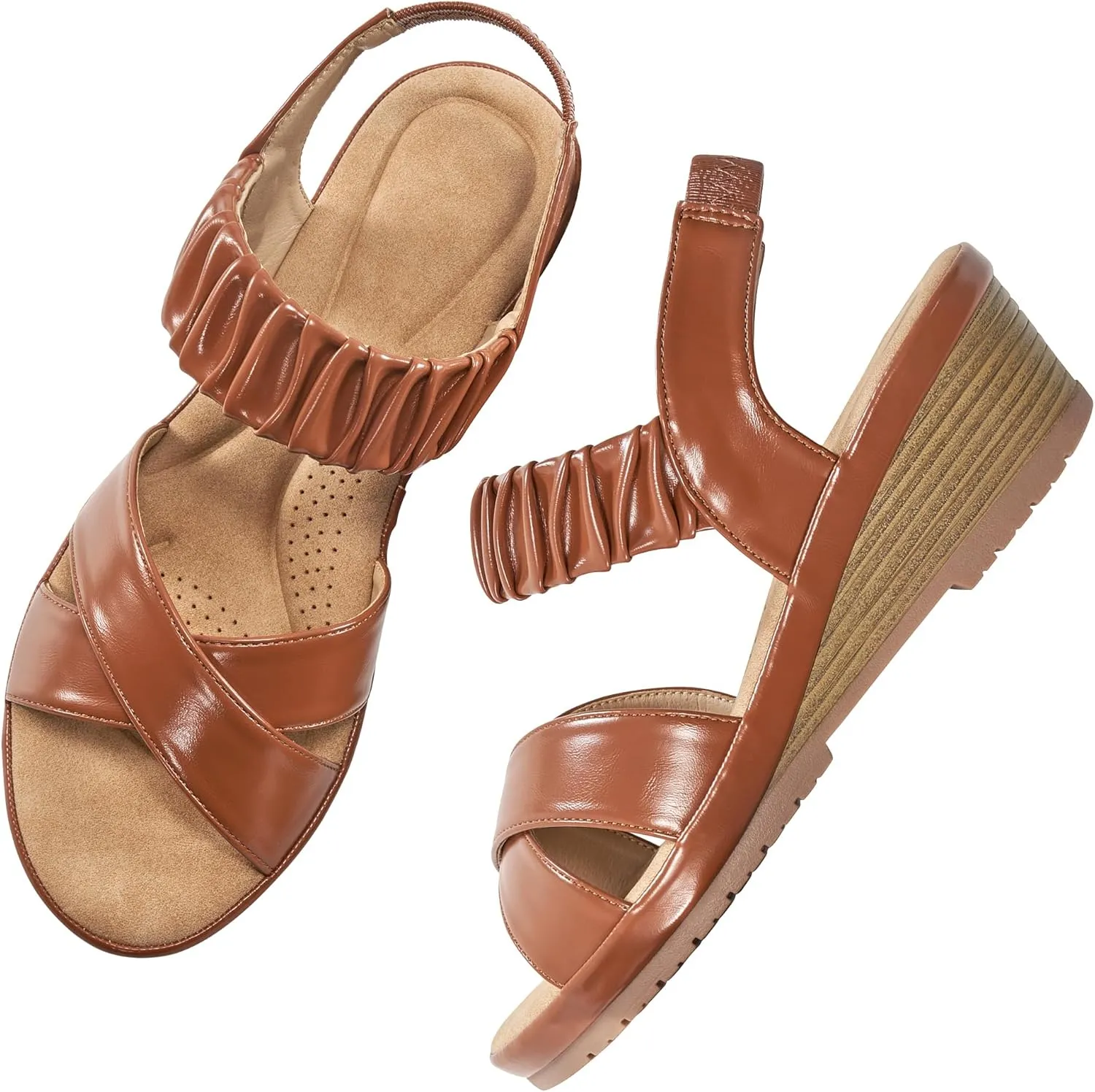 Almusen Womens Wedge Sandals Dressy: Comfortable Elastic Ankle Strap Summer Low Heel Work Sandals for Women Fashion Cross Band Wedding Shoes
