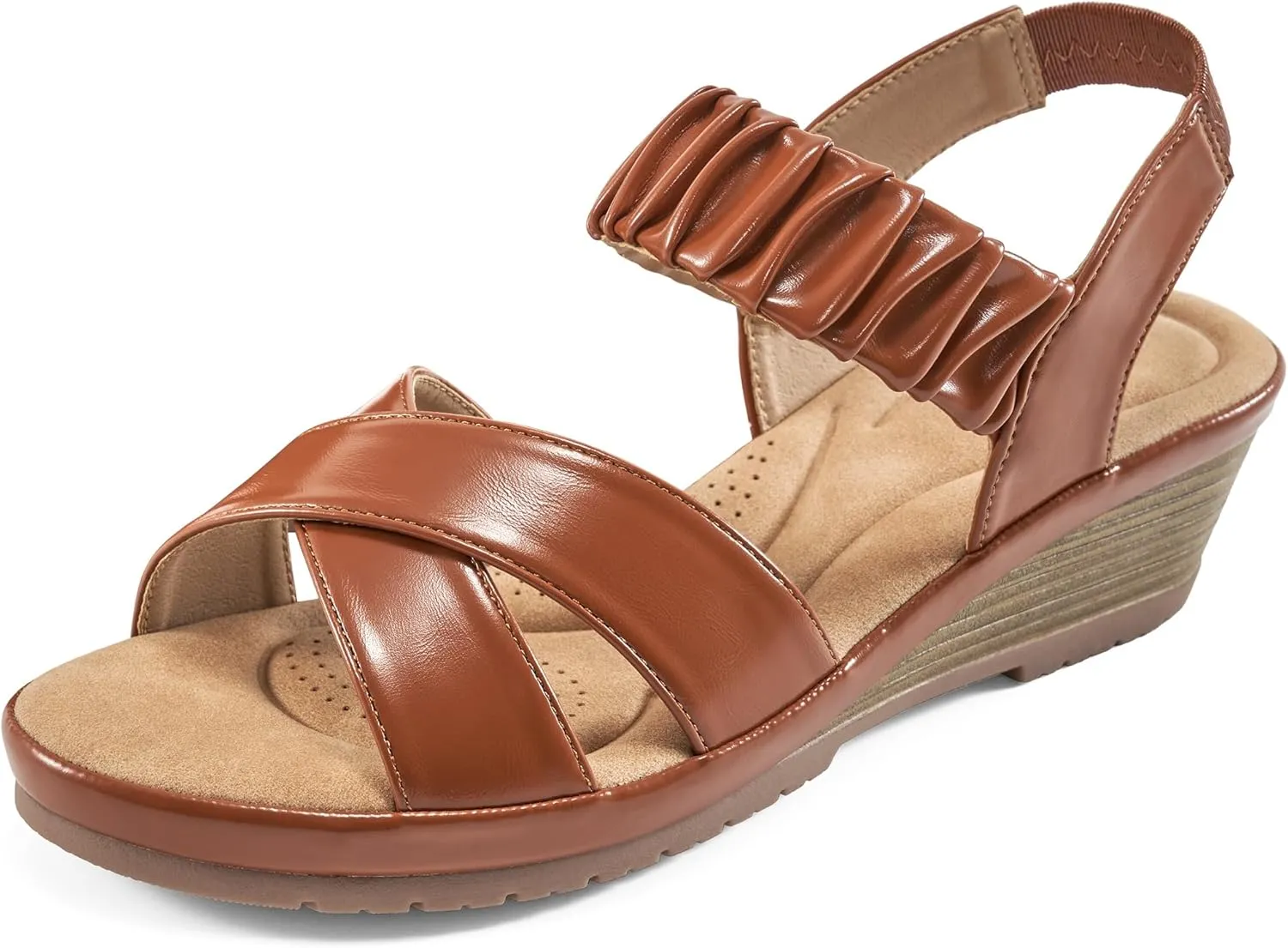 Almusen Womens Wedge Sandals Dressy: Comfortable Elastic Ankle Strap Summer Low Heel Work Sandals for Women Fashion Cross Band Wedding Shoes