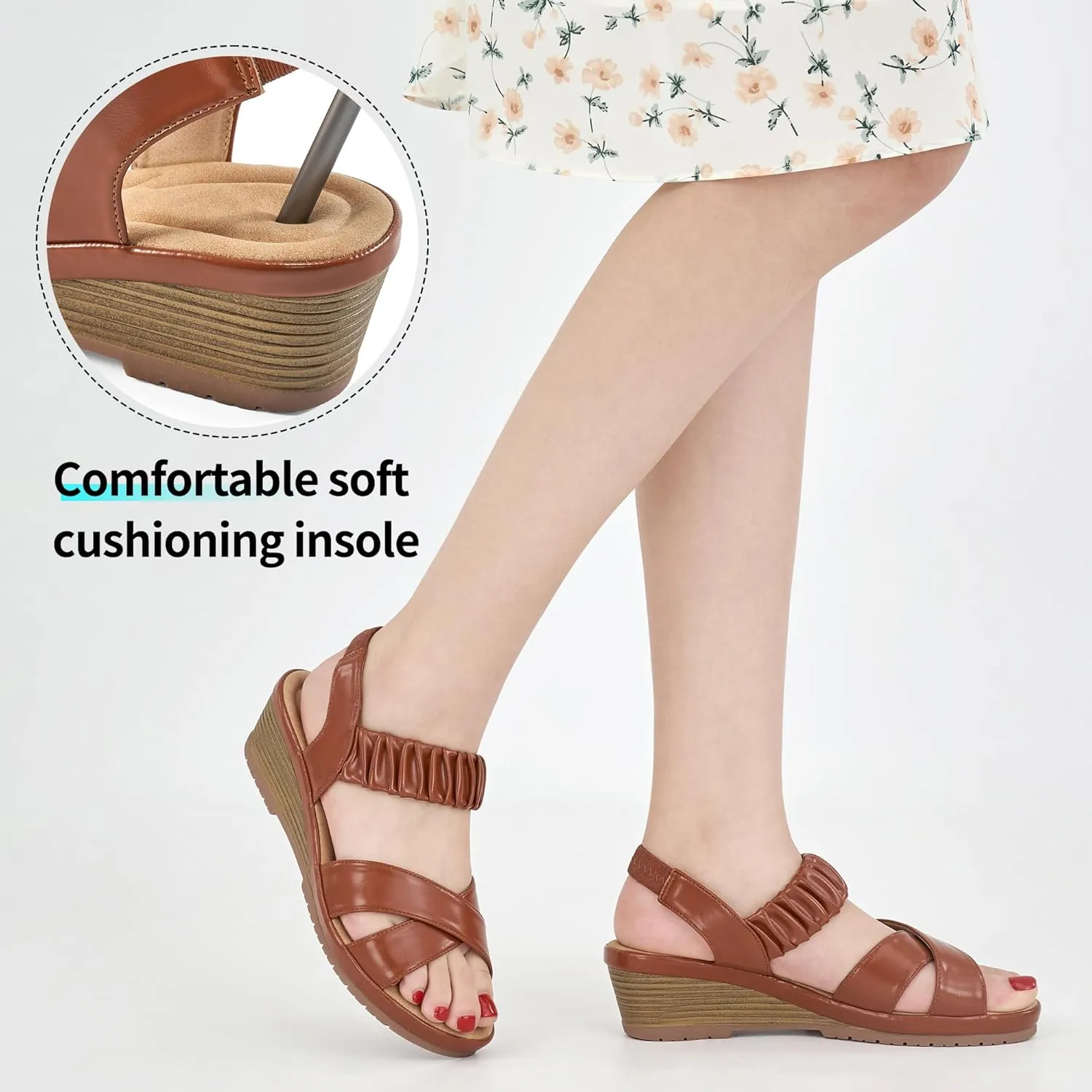 Almusen Womens Wedge Sandals Dressy: Comfortable Elastic Ankle Strap Summer Low Heel Work Sandals for Women Fashion Cross Band Wedding Shoes