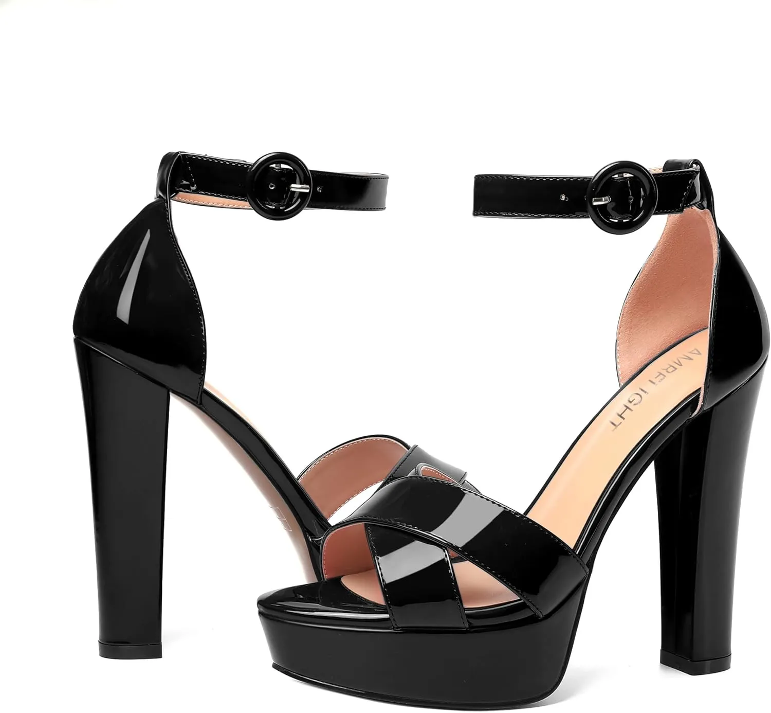 AMBELIGHT Womens Cute Open Toe Dress Heels Patent Party Ankle Strap Platform Chunky High Heel Sandals 5 Inch