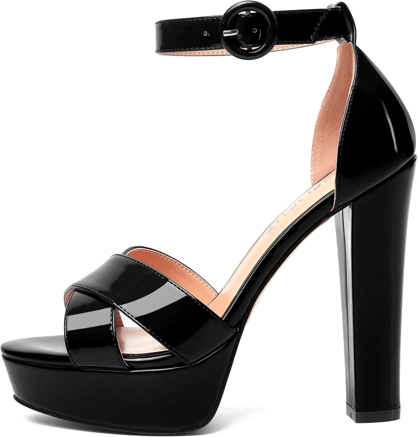 AMBELIGHT Womens Cute Open Toe Dress Heels Patent Party Ankle Strap Platform Chunky High Heel Sandals 5 Inch