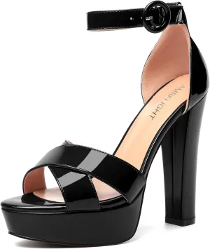 AMBELIGHT Womens Cute Open Toe Dress Heels Patent Party Ankle Strap Platform Chunky High Heel Sandals 5 Inch