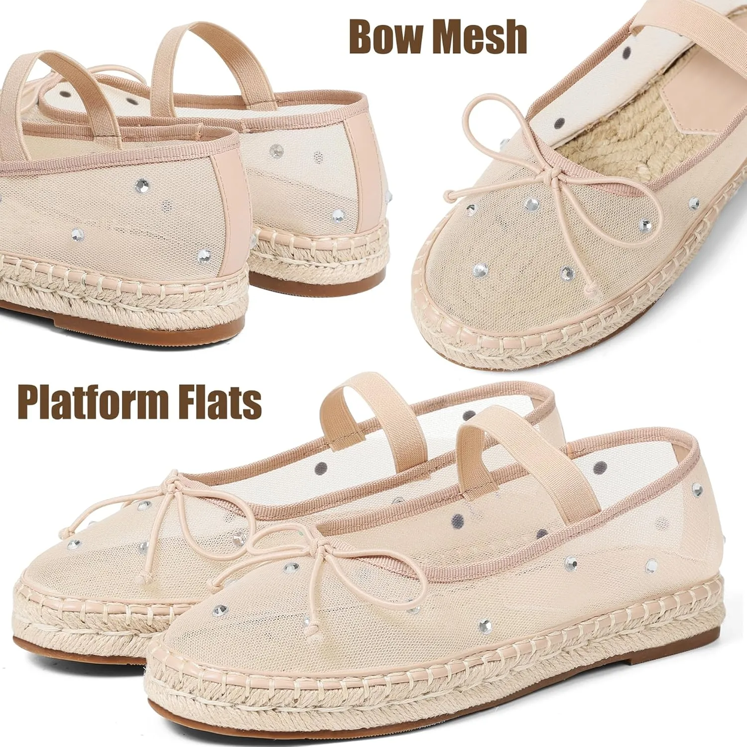 AMINUGAL Mesh Ballet Flats Shoes for Women Round Toe Platform Mary Janes Elastic Espadrilles White Mesh Shoe Woman Dressy Comfortable Ballerina