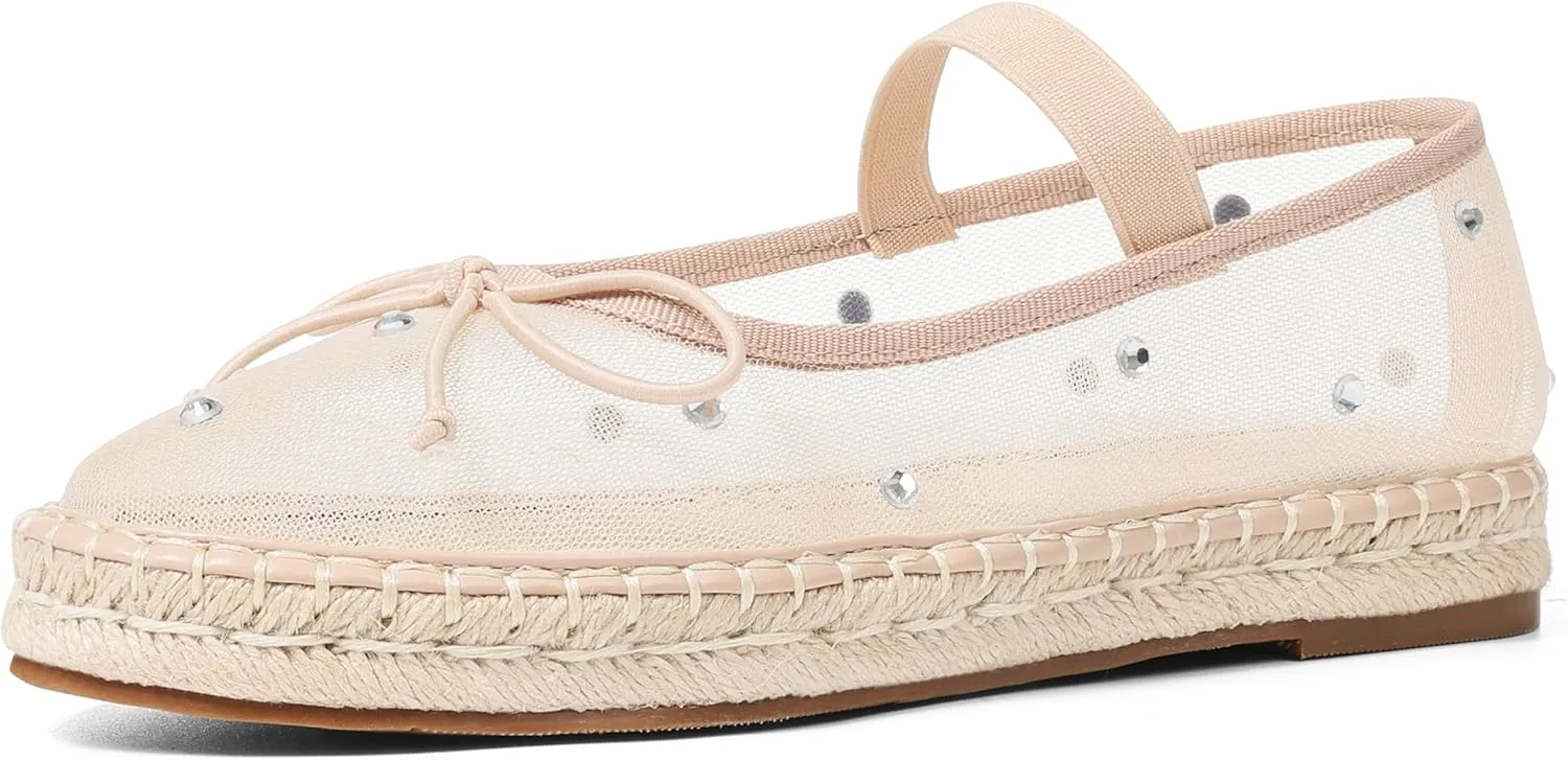 AMINUGAL Mesh Ballet Flats Shoes for Women Round Toe Platform Mary Janes Elastic Espadrilles White Mesh Shoe Woman Dressy Comfortable Ballerina