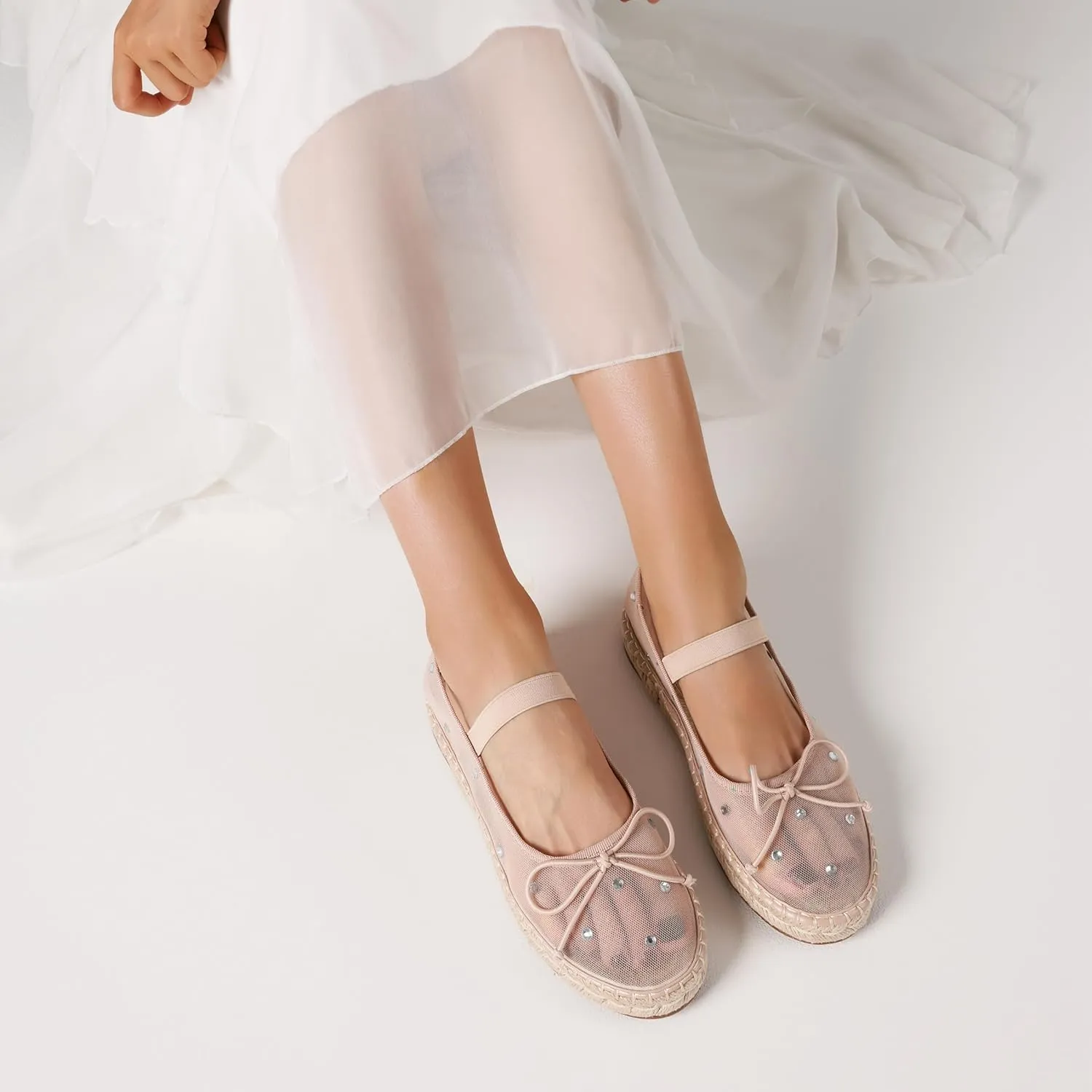 AMINUGAL Mesh Ballet Flats Shoes for Women Round Toe Platform Mary Janes Elastic Espadrilles White Mesh Shoe Woman Dressy Comfortable Ballerina