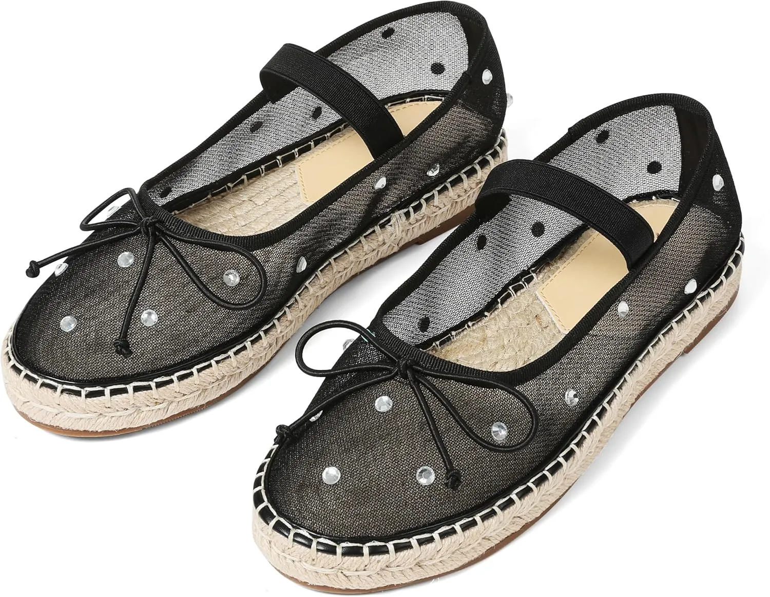 AMINUGAL Mesh Ballet Flats Shoes for Women Round Toe Platform Mary Janes Elastic Espadrilles White Mesh Shoe Woman Dressy Comfortable Ballerina