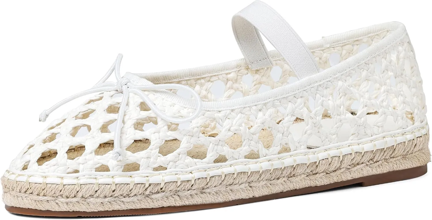 AMINUGAL Mesh Ballet Flats Shoes for Women Round Toe Platform Mary Janes Elastic Espadrilles White Mesh Shoe Woman Dressy Comfortable Ballerina