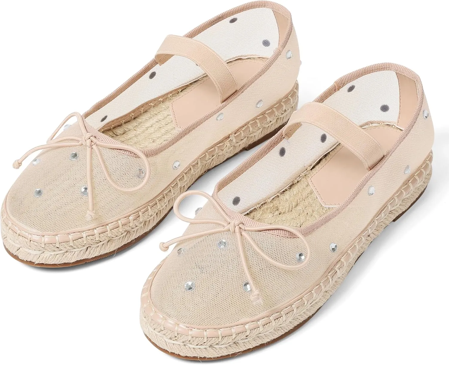 AMINUGAL Mesh Ballet Flats Shoes for Women Round Toe Platform Mary Janes Elastic Espadrilles White Mesh Shoe Woman Dressy Comfortable Ballerina