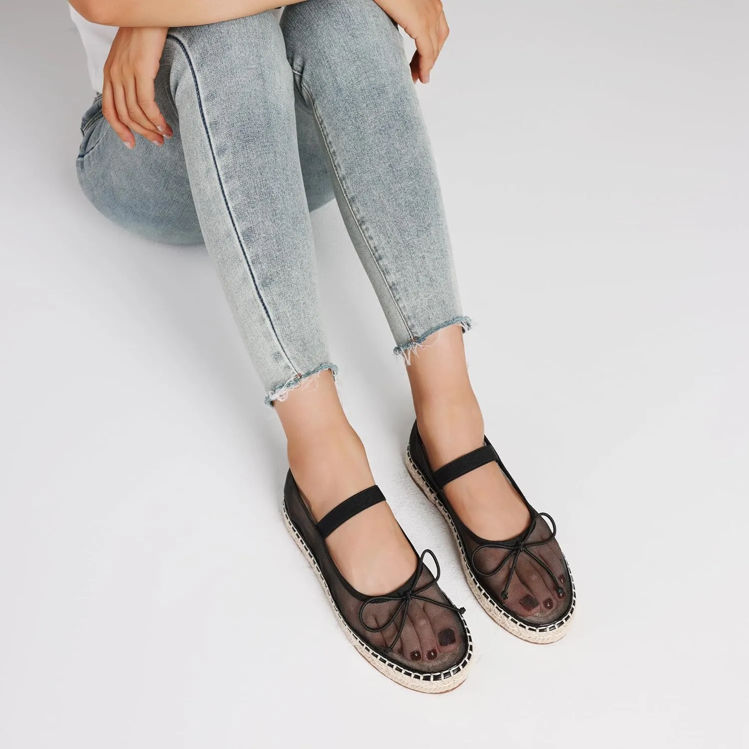 AMINUGAL Mesh Ballet Flats Shoes for Women Round Toe Platform Mary Janes Elastic Espadrilles White Mesh Shoe Woman Dressy Comfortable Ballerina