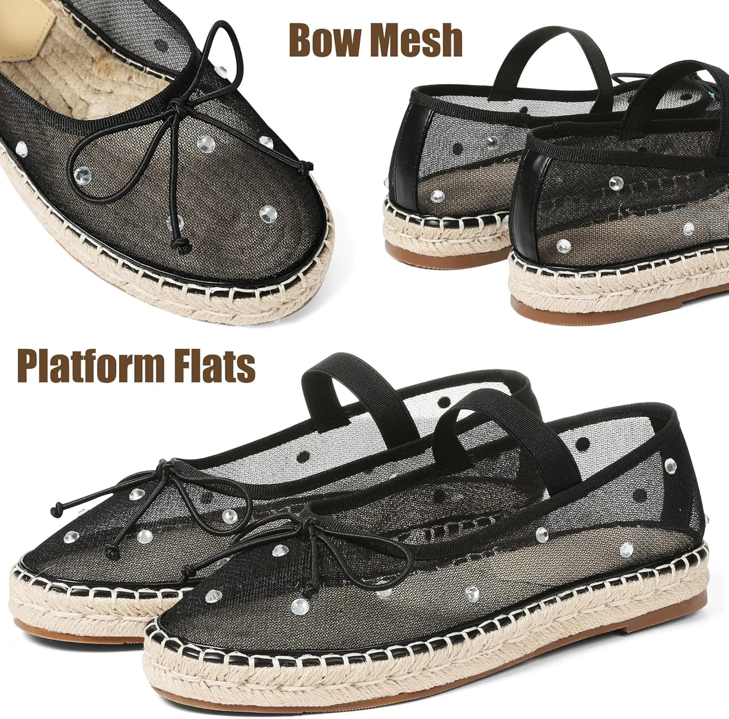 AMINUGAL Mesh Ballet Flats Shoes for Women Round Toe Platform Mary Janes Elastic Espadrilles White Mesh Shoe Woman Dressy Comfortable Ballerina