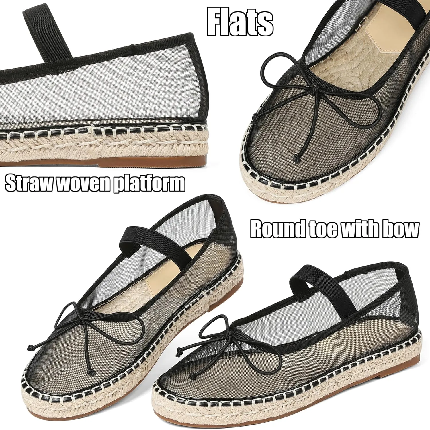 AMINUGAL Mesh Ballet Flats Shoes for Women Round Toe Platform Mary Janes Elastic Espadrilles White Mesh Shoe Woman Dressy Comfortable Ballerina