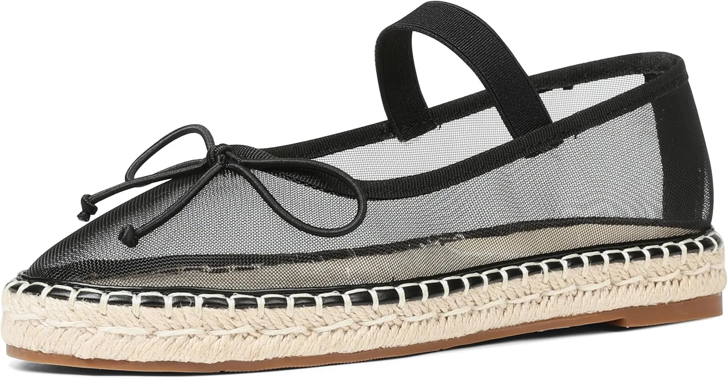 AMINUGAL Mesh Ballet Flats Shoes for Women Round Toe Platform Mary Janes Elastic Espadrilles White Mesh Shoe Woman Dressy Comfortable Ballerina