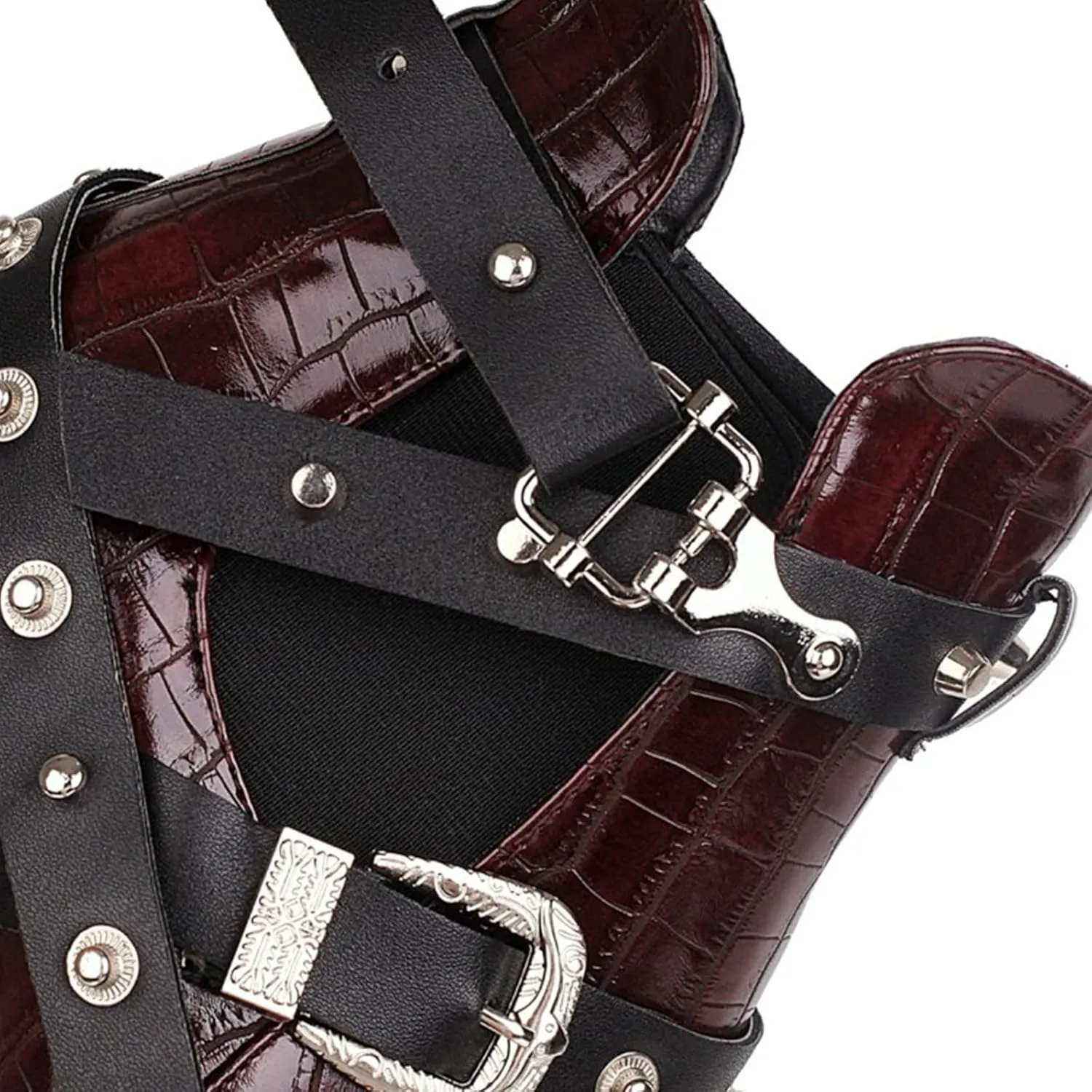 AngryMonkey Womens Pointed Toe Cowboy Booties Slip-On Chunky Heel Leather Western Boots Personality Rivet Buckle Belt Large Sizes to 15