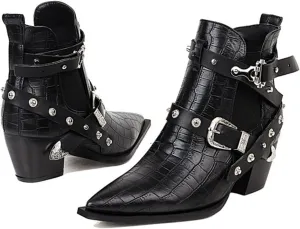 AngryMonkey Womens Pointed Toe Cowboy Booties Slip-On Chunky Heel Leather Western Boots Personality Rivet Buckle Belt Large Sizes to 15