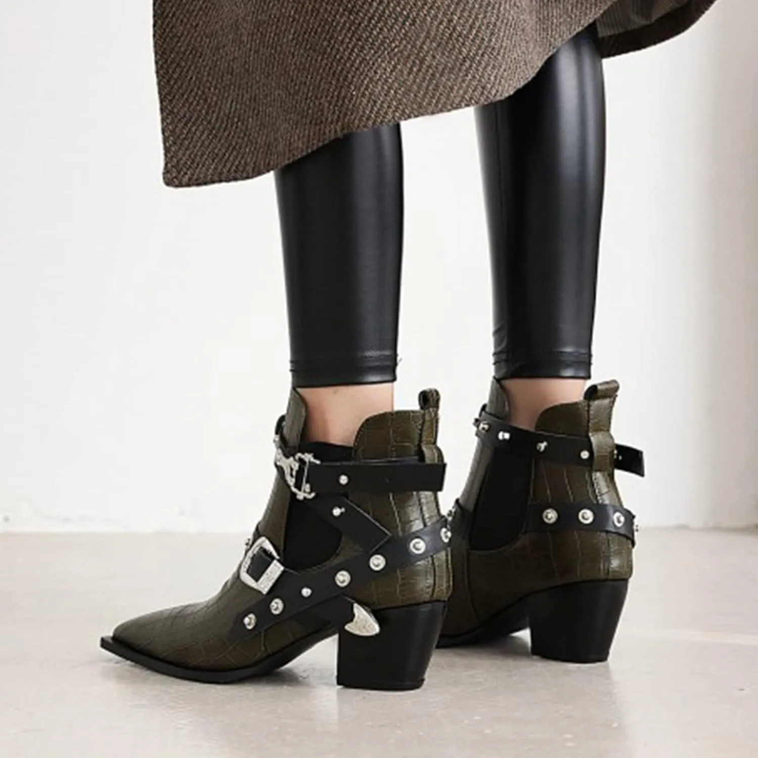 AngryMonkey Womens Pointed Toe Cowboy Booties Slip-On Chunky Heel Leather Western Boots Personality Rivet Buckle Belt Large Sizes to 15