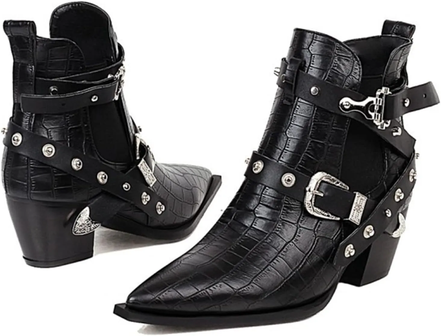 AngryMonkey Womens Pointed Toe Cowboy Booties Slip-On Chunky Heel Leather Western Boots Personality Rivet Buckle Belt Large Sizes to 15