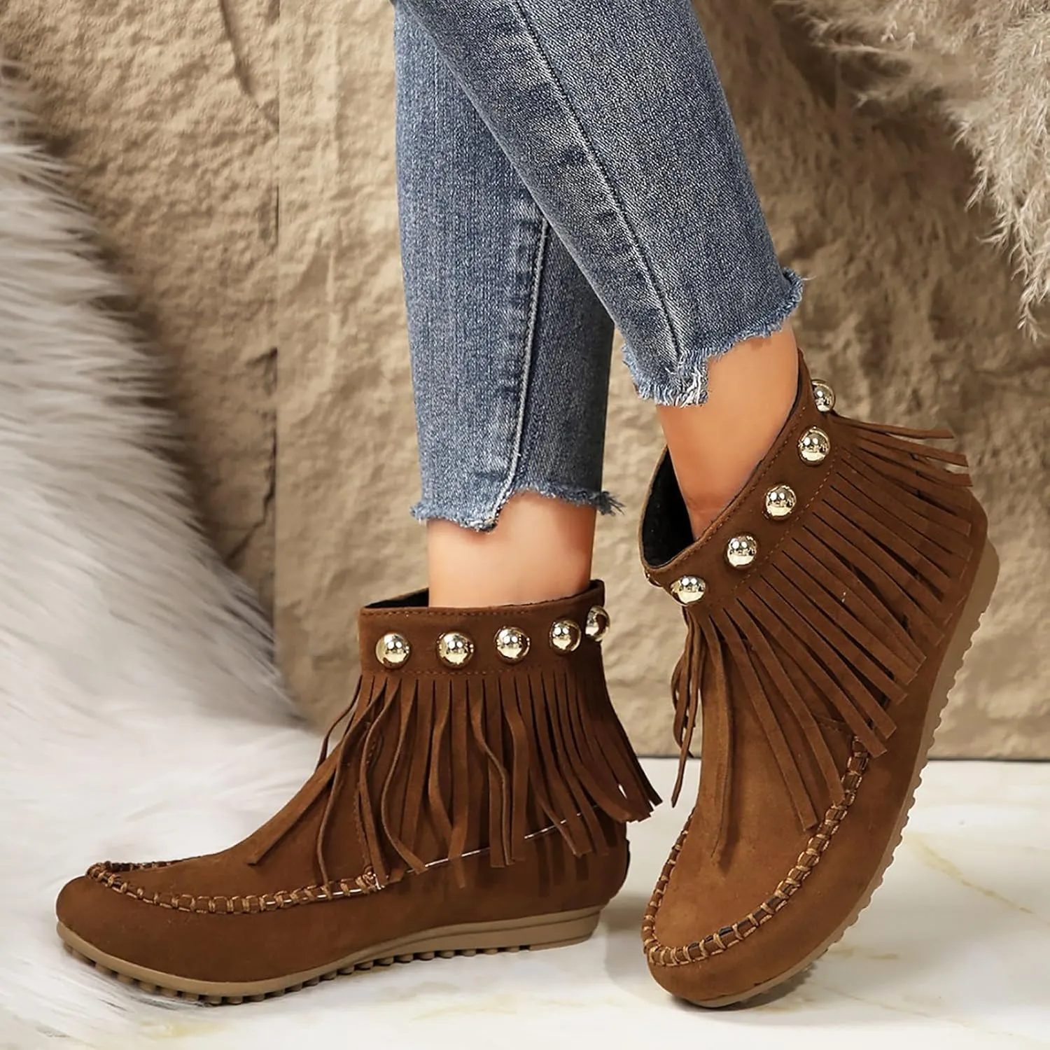 Ankle Boots for Women 2024 Moccasins Fringe Retro Suede Comfort Leather Tassel Studded Moccasins Non Slip Booties