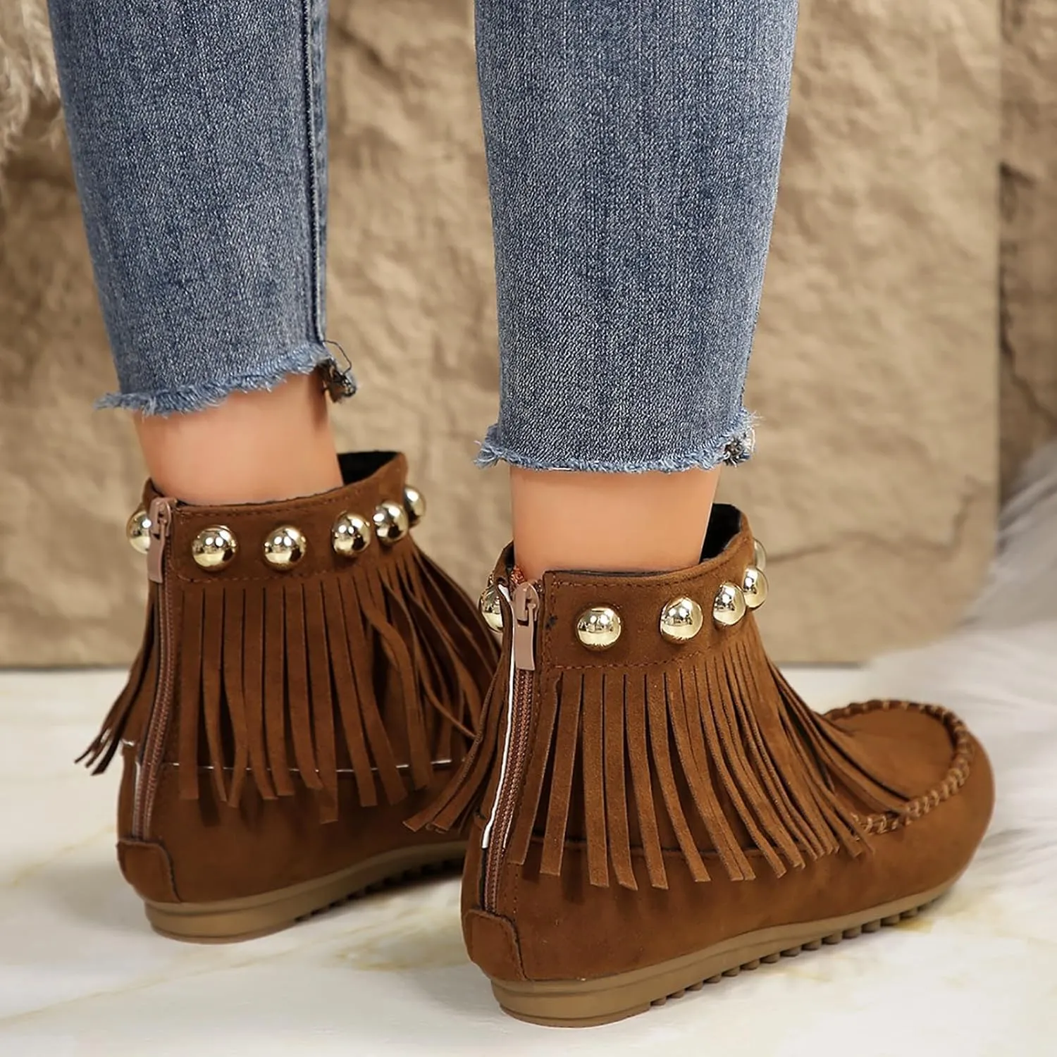 Ankle Boots for Women 2024 Moccasins Fringe Retro Suede Comfort Leather Tassel Studded Moccasins Non Slip Booties