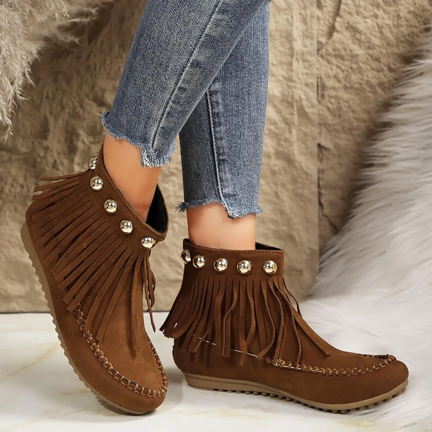 Ankle Boots for Women 2024 Moccasins Fringe Retro Suede Comfort Leather Tassel Studded Moccasins Non Slip Booties