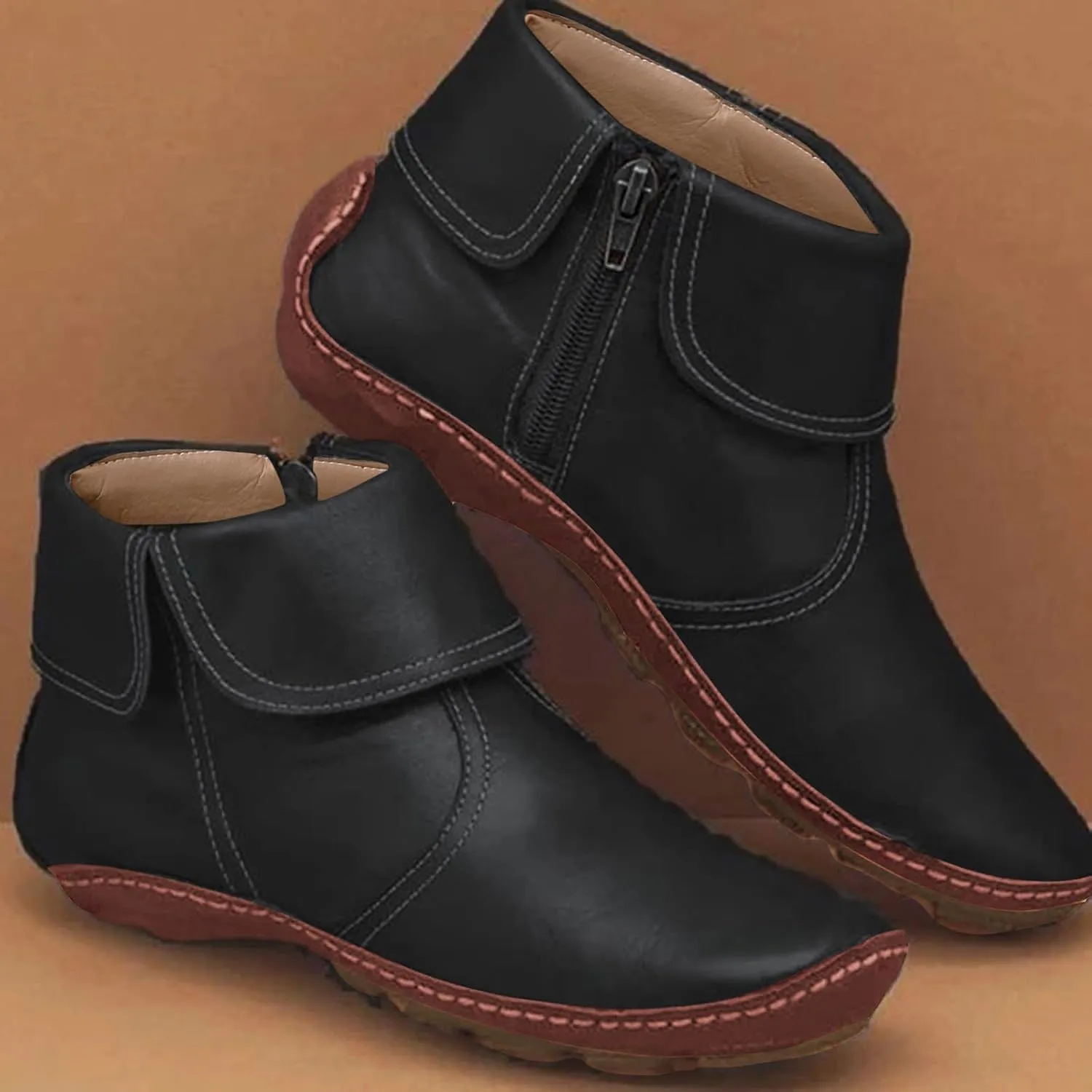 Ankle Boots for Women Flat Heel Round Toe Booties Fashion Side Zip Vintage Boots Low Heel Arch Support Booties