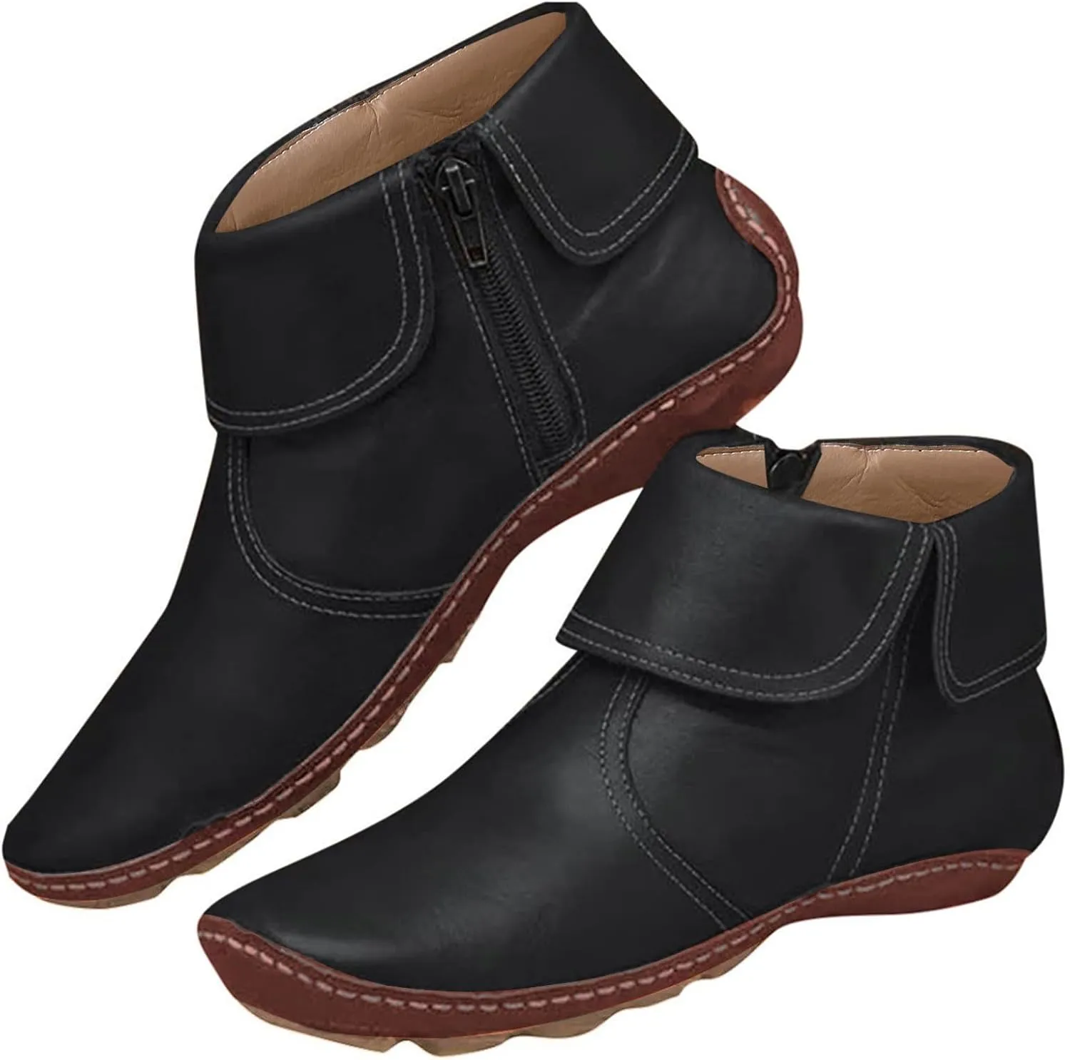 Ankle Boots for Women Flat Heel Round Toe Booties Fashion Side Zip Vintage Boots Low Heel Arch Support Booties