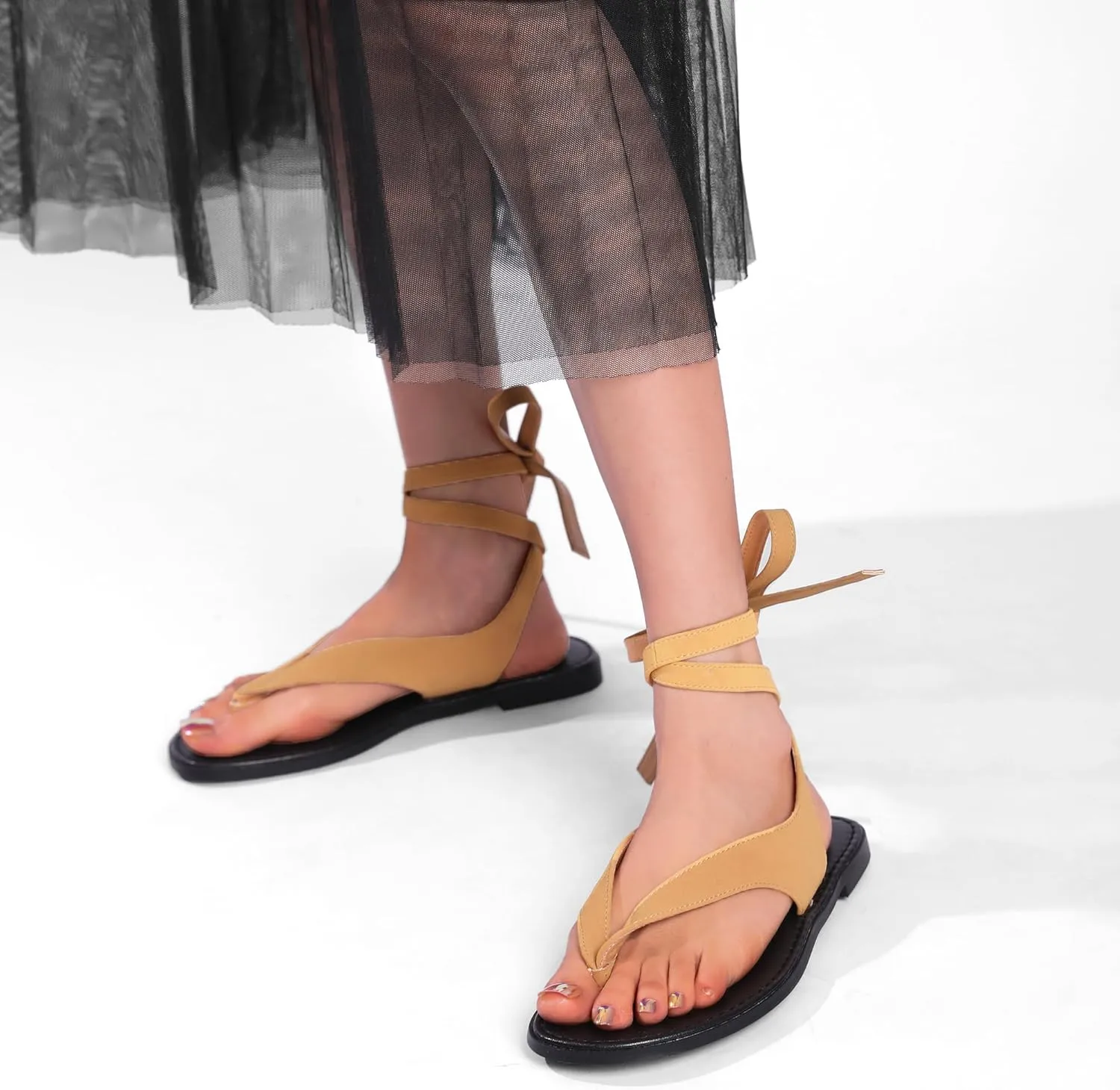 Ankle Strap Flat Sandals for Women Comfortable Lace Up T-Strap Slip on Flip Flops Flats Ladies Fashion Cute Thong Sandals Summer Soft Flip Flops Sandals
